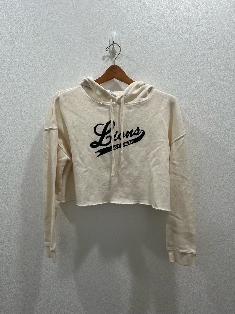 Lions Not Sheep Cropped Cream Graphic Hoodie raw hem